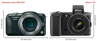 Größenvergleich: Panasonic Lumix DMC-GF5 vs. Nikon 1 V2 Größenvergleich: Panasonic Lumix DMC-GF5 vs. Nikon 1 V2