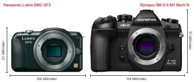Größenvergleich: Panasonic Lumix DMC-GF5 vs. OM System OM-D E-M1 Mark III