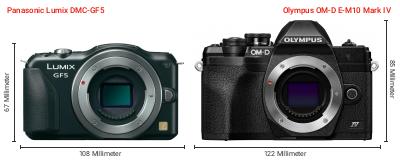 Größenvergleich: Panasonic Lumix DMC-GF5 vs. OM System OM-D E-M10 Mark IV Größenvergleich: Panasonic Lumix DMC-GF5 vs. OM System OM-D E-M10 Mark IV