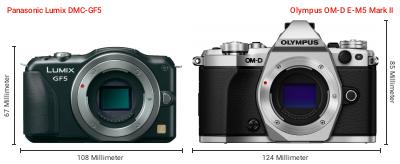 Größenvergleich: Panasonic Lumix DMC-GF5 vs. OM System OM-D E-M5 Mark II