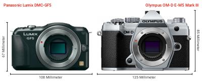 Größenvergleich: Panasonic Lumix DMC-GF5 vs. OM System OM-D E-M5 Mark III Größenvergleich: Panasonic Lumix DMC-GF5 vs. OM System OM-D E-M5 Mark III