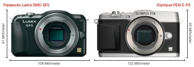 Größenvergleich: Panasonic Lumix DMC-GF5 vs. OM System PEN E-P5 Größenvergleich: Panasonic Lumix DMC-GF5 vs. OM System PEN E-P5