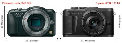 Größenvergleich: Panasonic Lumix DMC-GF5 vs. OM System PEN E-PL10 Größenvergleich: Panasonic Lumix DMC-GF5 vs. OM System PEN E-PL10