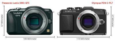 Größenvergleich: Panasonic Lumix DMC-GF5 vs. OM System PEN E-PL7 Größenvergleich: Panasonic Lumix DMC-GF5 vs. OM System PEN E-PL7