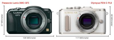 Größenvergleich: Panasonic Lumix DMC-GF5 vs. OM System PEN E-PL8