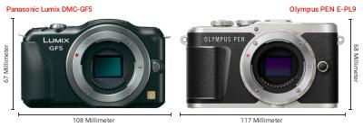 Größenvergleich: Panasonic Lumix DMC-GF5 vs. OM System PEN E-PL9 Größenvergleich: Panasonic Lumix DMC-GF5 vs. OM System PEN E-PL9
