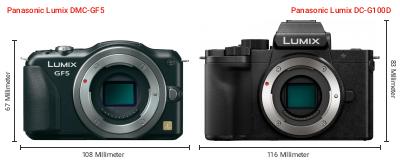 Größenvergleich: Panasonic Lumix DMC-GF5 vs. Panasonic Lumix DC-G100D Größenvergleich: Panasonic Lumix DMC-GF5 vs. Panasonic Lumix DC-G100D