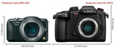 Größenvergleich: Panasonic Lumix DMC-GF5 vs. Panasonic Lumix DC-GH5S Größenvergleich: Panasonic Lumix DMC-GF5 vs. Panasonic Lumix DC-GH5S