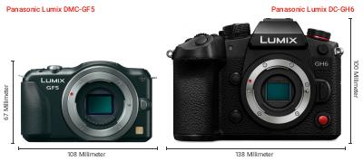 Größenvergleich: Panasonic Lumix DMC-GF5 vs. Panasonic Lumix DC-GH6 Größenvergleich: Panasonic Lumix DMC-GF5 vs. Panasonic Lumix DC-GH6
