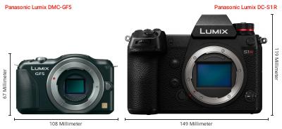 Größenvergleich: Panasonic Lumix DMC-GF5 vs. Panasonic Lumix DC-S1R Größenvergleich: Panasonic Lumix DMC-GF5 vs. Panasonic Lumix DC-S1R