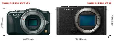 Größenvergleich: Panasonic Lumix DMC-GF5 vs. Panasonic Lumix DC-S9 Größenvergleich: Panasonic Lumix DMC-GF5 vs. Panasonic Lumix DC-S9