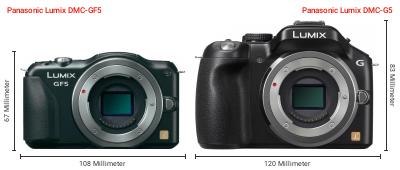 Größenvergleich: Panasonic Lumix DMC-GF5 vs. Panasonic Lumix DMC-G5 Größenvergleich: Panasonic Lumix DMC-GF5 vs. Panasonic Lumix DMC-G5