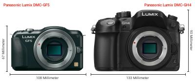 Größenvergleich: Panasonic Lumix DMC-GF5 vs. Panasonic Lumix DMC-GH4 Größenvergleich: Panasonic Lumix DMC-GF5 vs. Panasonic Lumix DMC-GH4