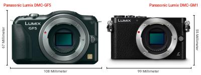 Größenvergleich: Panasonic Lumix DMC-GF5 vs. Panasonic Lumix DMC-GM1 Größenvergleich: Panasonic Lumix DMC-GF5 vs. Panasonic Lumix DMC-GM1