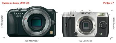 Größenvergleich: Panasonic Lumix DMC-GF5 vs. Pentax Q7 Größenvergleich: Panasonic Lumix DMC-GF5 vs. Pentax Q7