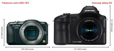 Größenvergleich: Panasonic Lumix DMC-GF5 vs. Samsung Galaxy NX Größenvergleich: Panasonic Lumix DMC-GF5 vs. Samsung Galaxy NX
