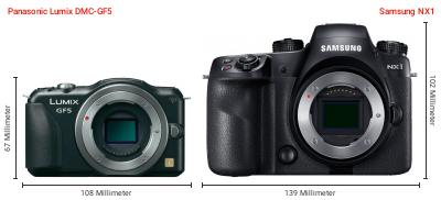 Größenvergleich: Panasonic Lumix DMC-GF5 vs. Samsung NX1