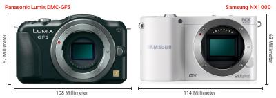 Größenvergleich: Panasonic Lumix DMC-GF5 vs. Samsung NX1000 Größenvergleich: Panasonic Lumix DMC-GF5 vs. Samsung NX1000