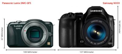 Größenvergleich: Panasonic Lumix DMC-GF5 vs. Samsung NX30