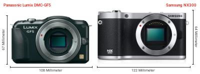 Größenvergleich: Panasonic Lumix DMC-GF5 vs. Samsung NX300