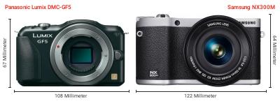 Größenvergleich: Panasonic Lumix DMC-GF5 vs. Samsung NX300M Größenvergleich: Panasonic Lumix DMC-GF5 vs. Samsung NX300M