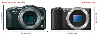 Größenvergleich: Panasonic Lumix DMC-GF5 vs. Sony Alpha 5000 Größenvergleich: Panasonic Lumix DMC-GF5 vs. Sony Alpha 5000