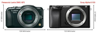 Größenvergleich: Panasonic Lumix DMC-GF5 vs. Sony Alpha 6100