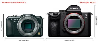 Größenvergleich: Panasonic Lumix DMC-GF5 vs. Sony Alpha 7R IIIA Größenvergleich: Panasonic Lumix DMC-GF5 vs. Sony Alpha 7R IIIA