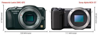 Größenvergleich: Panasonic Lumix DMC-GF5 vs. Sony Alpha NEX-5T Größenvergleich: Panasonic Lumix DMC-GF5 vs. Sony Alpha NEX-5T