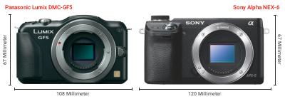 Größenvergleich: Panasonic Lumix DMC-GF5 vs. Sony Alpha NEX-6 Größenvergleich: Panasonic Lumix DMC-GF5 vs. Sony Alpha NEX-6