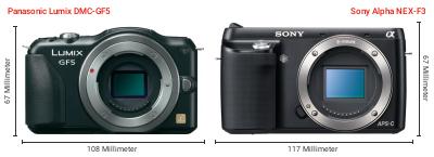 Größenvergleich: Panasonic Lumix DMC-GF5 vs. Sony Alpha NEX-F3 Größenvergleich: Panasonic Lumix DMC-GF5 vs. Sony Alpha NEX-F3