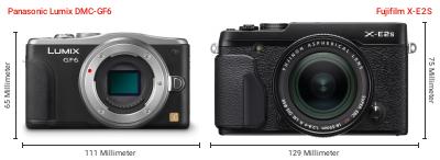 Größenvergleich: Panasonic Lumix DMC-GF6 vs. Fujifilm X-E2S Größenvergleich: Panasonic Lumix DMC-GF6 vs. Fujifilm X-E2S