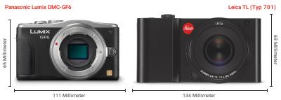 Größenvergleich: Panasonic Lumix DMC-GF6 vs. Leica TL (Typ 701) Größenvergleich: Panasonic Lumix DMC-GF6 vs. Leica TL (Typ 701)
