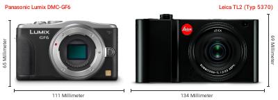 Größenvergleich: Panasonic Lumix DMC-GF6 vs. Leica TL2 (Typ 5370) Größenvergleich: Panasonic Lumix DMC-GF6 vs. Leica TL2 (Typ 5370)
