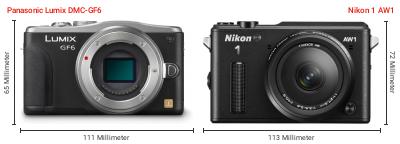 Größenvergleich: Panasonic Lumix DMC-GF6 vs. Nikon 1 AW1 Größenvergleich: Panasonic Lumix DMC-GF6 vs. Nikon 1 AW1