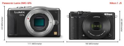 Größenvergleich: Panasonic Lumix DMC-GF6 vs. Nikon 1 J5 Größenvergleich: Panasonic Lumix DMC-GF6 vs. Nikon 1 J5