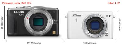Größenvergleich: Panasonic Lumix DMC-GF6 vs. Nikon 1 S2 Größenvergleich: Panasonic Lumix DMC-GF6 vs. Nikon 1 S2