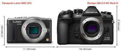 Größenvergleich: Panasonic Lumix DMC-GF6 vs. OM System OM-D E-M1 Mark III Größenvergleich: Panasonic Lumix DMC-GF6 vs. OM System OM-D E-M1 Mark III