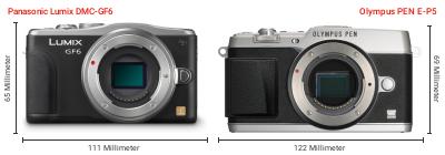 Größenvergleich: Panasonic Lumix DMC-GF6 vs. OM System PEN E-P5 Größenvergleich: Panasonic Lumix DMC-GF6 vs. OM System PEN E-P5