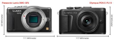 Größenvergleich: Panasonic Lumix DMC-GF6 vs. OM System PEN E-PL10