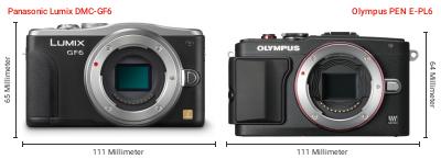 Größenvergleich: Panasonic Lumix DMC-GF6 vs. OM System PEN E-PL6 Größenvergleich: Panasonic Lumix DMC-GF6 vs. OM System PEN E-PL6