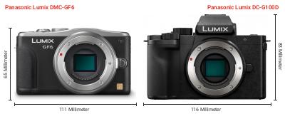 Größenvergleich: Panasonic Lumix DMC-GF6 vs. Panasonic Lumix DC-G100D Größenvergleich: Panasonic Lumix DMC-GF6 vs. Panasonic Lumix DC-G100D