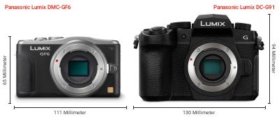 Größenvergleich: Panasonic Lumix DMC-GF6 vs. Panasonic Lumix DC-G91 Größenvergleich: Panasonic Lumix DMC-GF6 vs. Panasonic Lumix DC-G91