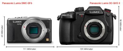 Größenvergleich: Panasonic Lumix DMC-GF6 vs. Panasonic Lumix DC-GH5 II Größenvergleich: Panasonic Lumix DMC-GF6 vs. Panasonic Lumix DC-GH5 II
