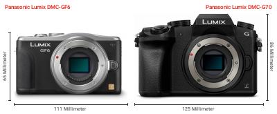 Größenvergleich: Panasonic Lumix DMC-GF6 vs. Panasonic Lumix DMC-G70 Größenvergleich: Panasonic Lumix DMC-GF6 vs. Panasonic Lumix DMC-G70