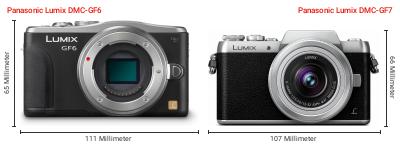 Größenvergleich: Panasonic Lumix DMC-GF6 vs. Panasonic Lumix DMC-GF7 Größenvergleich: Panasonic Lumix DMC-GF6 vs. Panasonic Lumix DMC-GF7