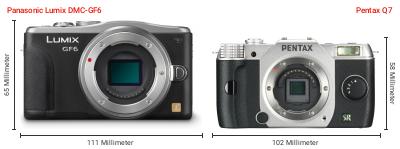 Größenvergleich: Panasonic Lumix DMC-GF6 vs. Pentax Q7 Größenvergleich: Panasonic Lumix DMC-GF6 vs. Pentax Q7