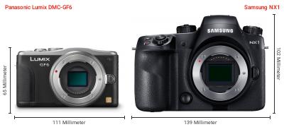 Größenvergleich: Panasonic Lumix DMC-GF6 vs. Samsung NX1