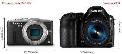 Größenvergleich: Panasonic Lumix DMC-GF6 vs. Samsung NX30 Größenvergleich: Panasonic Lumix DMC-GF6 vs. Samsung NX30