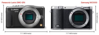 Größenvergleich: Panasonic Lumix DMC-GF6 vs. Samsung NX3000